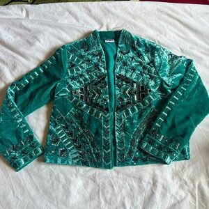 Crazy Train Aqua Crushed Velvet Embroidered and Beaded Blazer Size Medium